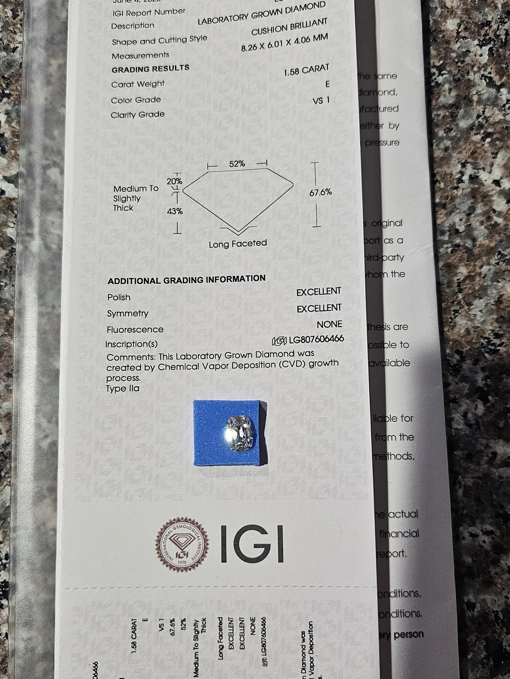 1.58ct E VS1 Old Mine Cushion Cut Lab Diamond